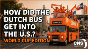 How does a foreign bus legally come into the United States, travel on U.S. roads, and participate in a major public event?